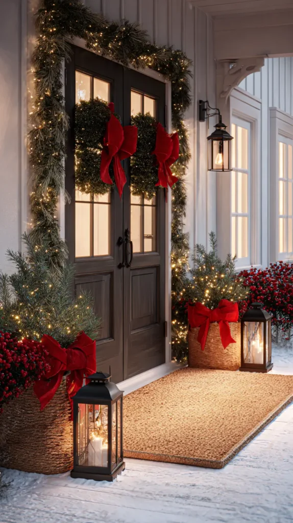 garland and festive seasonal wreaths on the front doors, lanterns