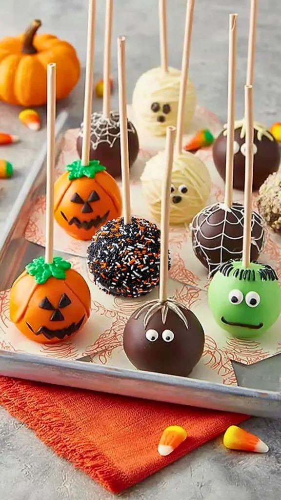 Halloween cake pops resting on a tray