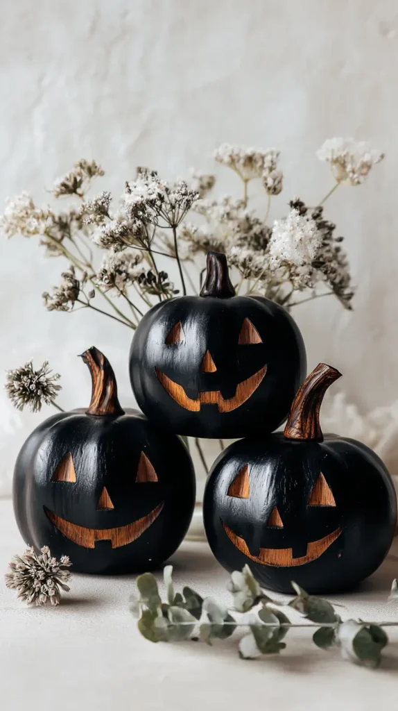glossy black painted wooden jack-o-lanterns