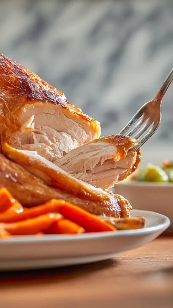 turkey piece beiing pulled apart from whole turkey with a silver fork