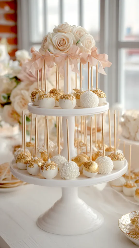 tiered cake pops on a dessert table