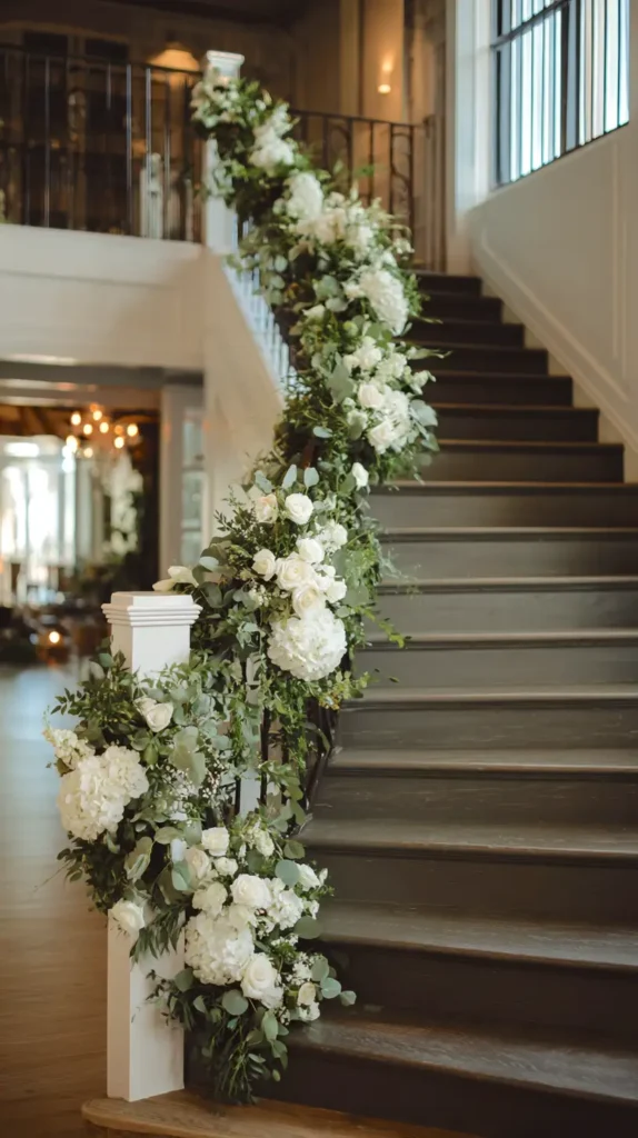 stair banister, indoor decorations for a wedding