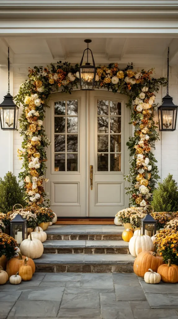 Thanksgiving front porch decor, greenery and flowers arch the door