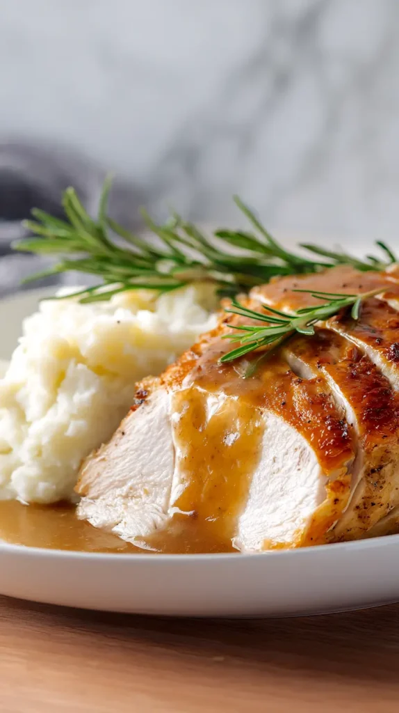 turkey, gravy, mashed potatoes
