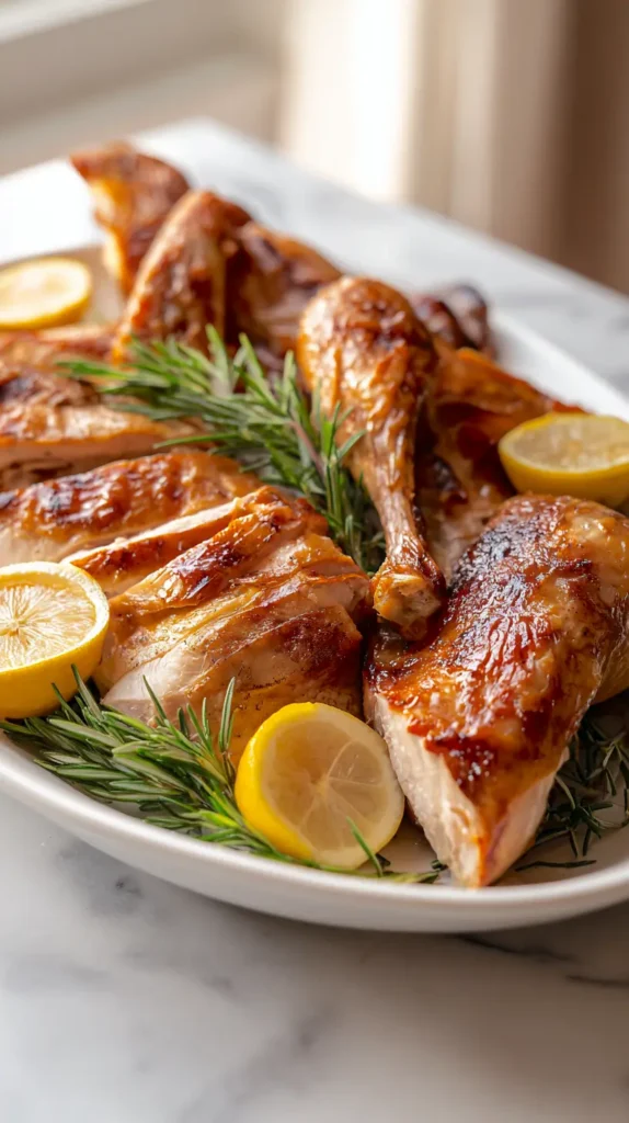 different roast turkey pieces on a platter