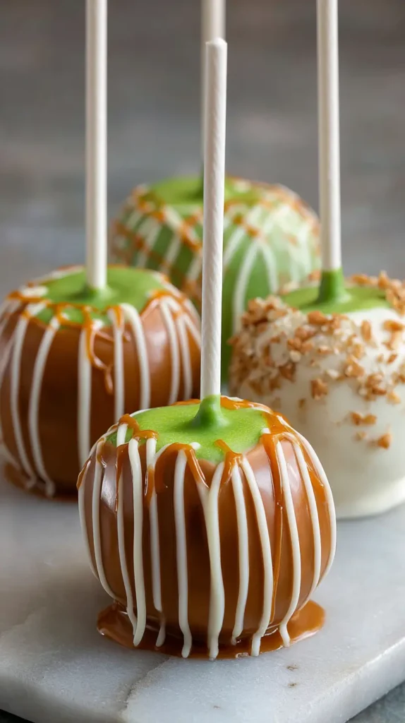 4 caramel apple Thanksgiving cake pops on a marble slab
