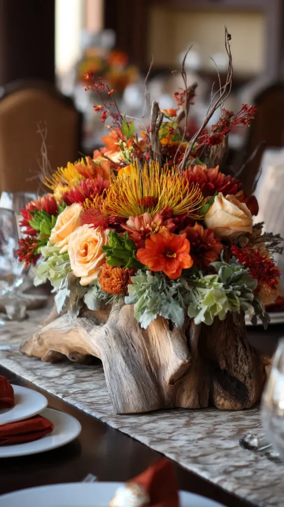 floral and wood fall table centerpiece