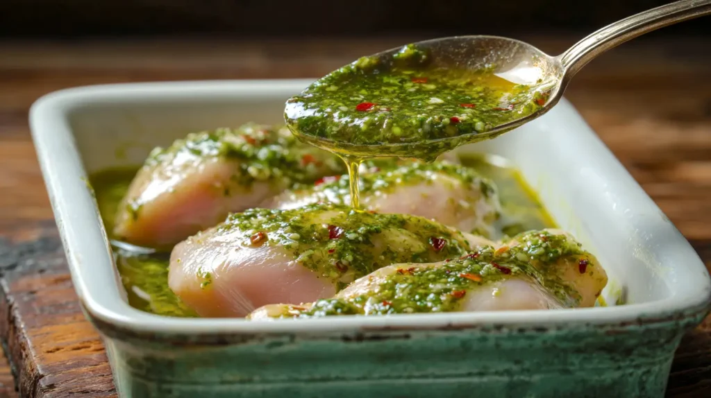 pesto sauce over raw chicken breasts