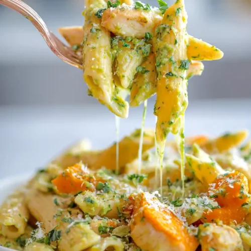 fork lifting butternut squash pesto chicken pasta from a white bowl