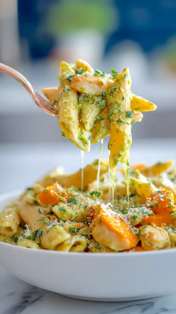 fork lifting butternut squash pesto chicken pasta from a white bowl