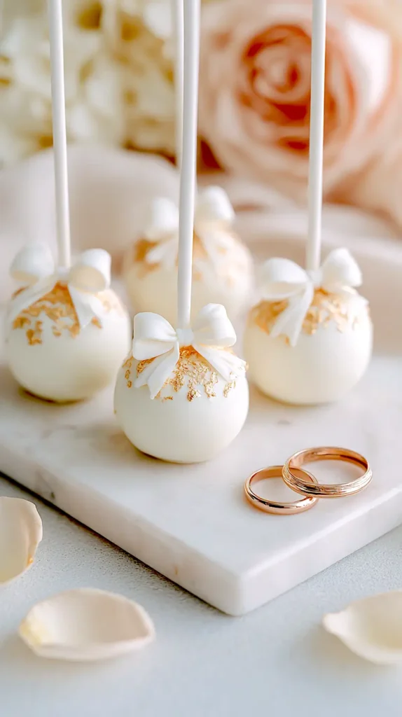 wedding cake pops, two rings nearby