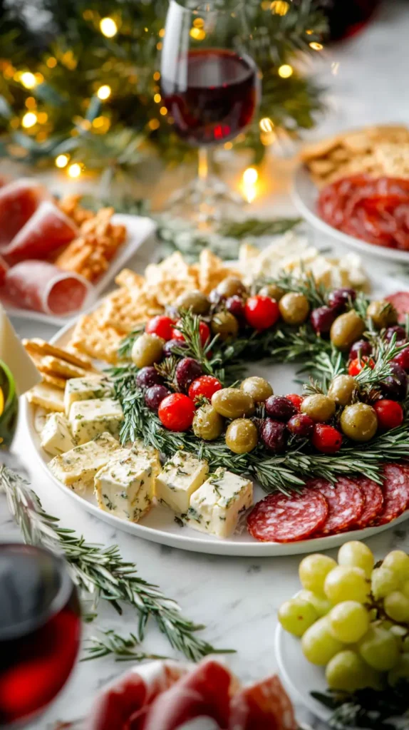 Christmas wreath, olives, cheese, crackers, grazing table