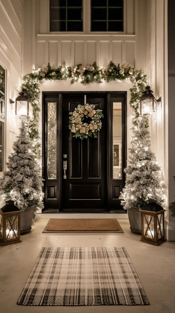 Christmas porch decor, black door, trees to the side