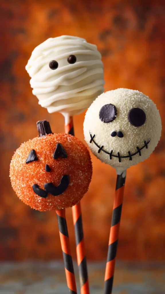 mummy, skeleton and jack-o-lantern cake pop trio