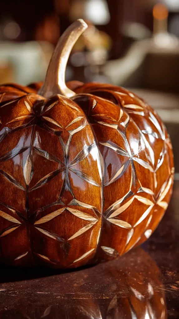 engraved wooden pumpkin with geometric design, Halloween wood crafts to sell