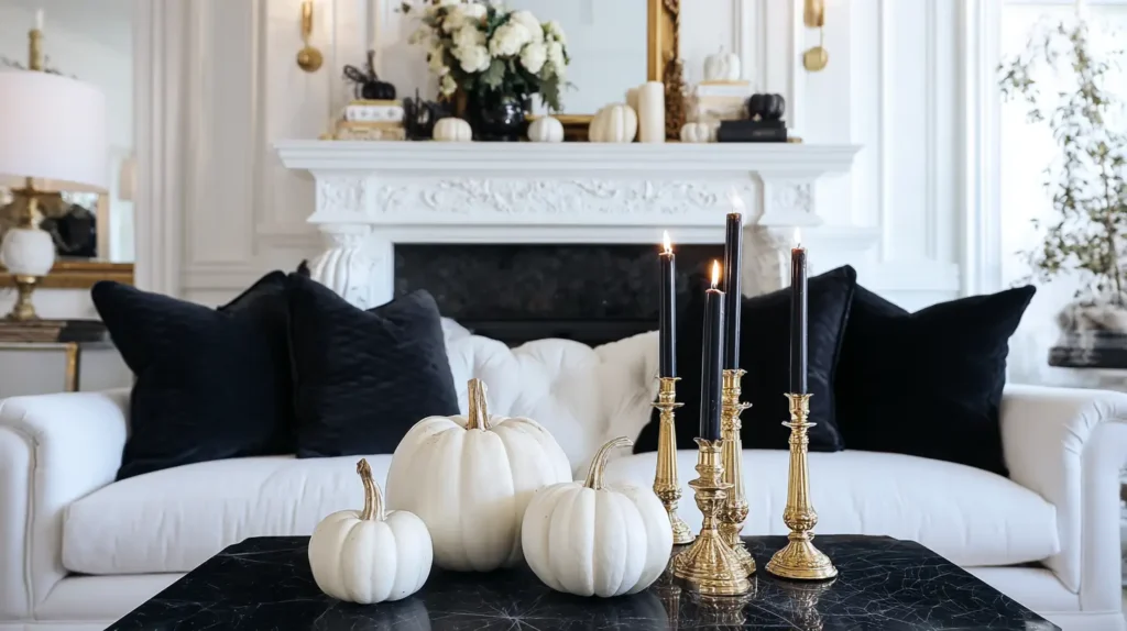 Halloween decorations indoor, white pumpkins, black candles