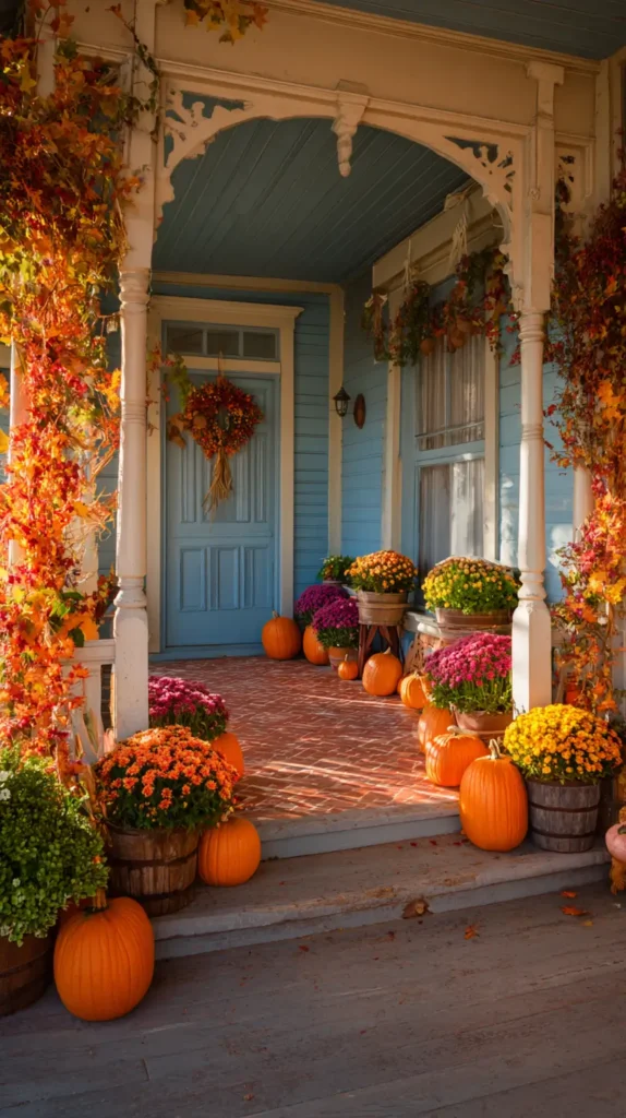 Thanksgiving front porch decor, blue front door