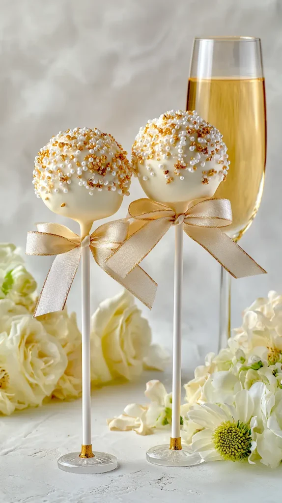 wedding cake pops, near a glass of champagne