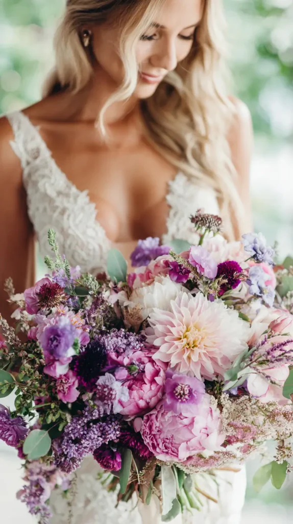 wedding bouquet in purples and pinks