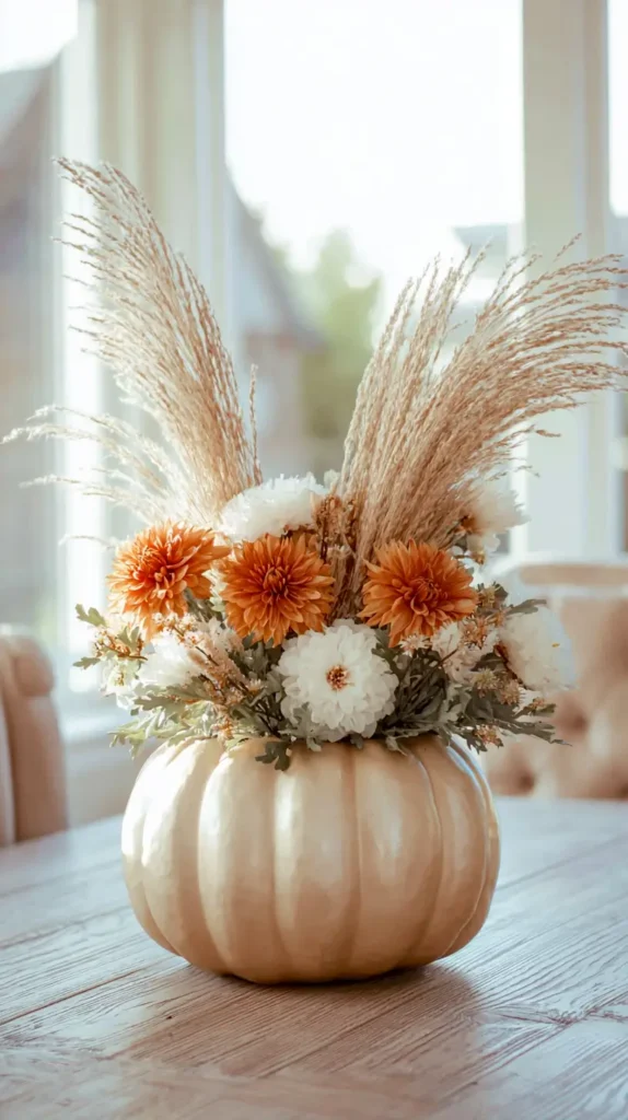 pumpkin centerpiece with florals in autumn colors coming from the center