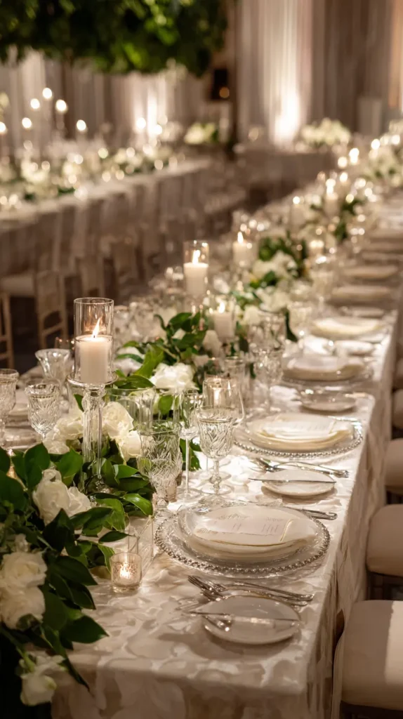 table decorated with white flowers and candles