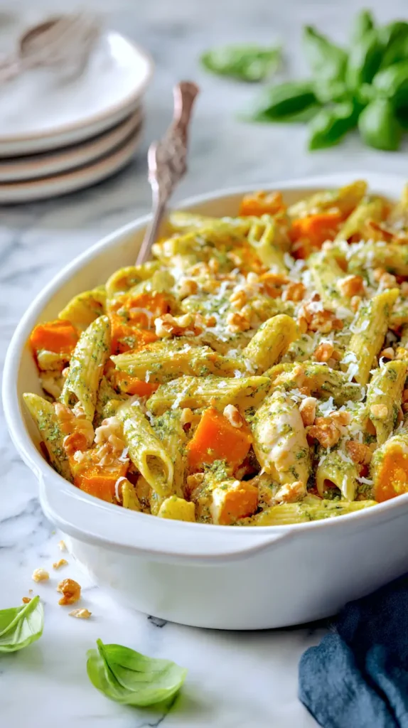 butternut squash pesto chicken pasta in a casserole dish with serving spoon