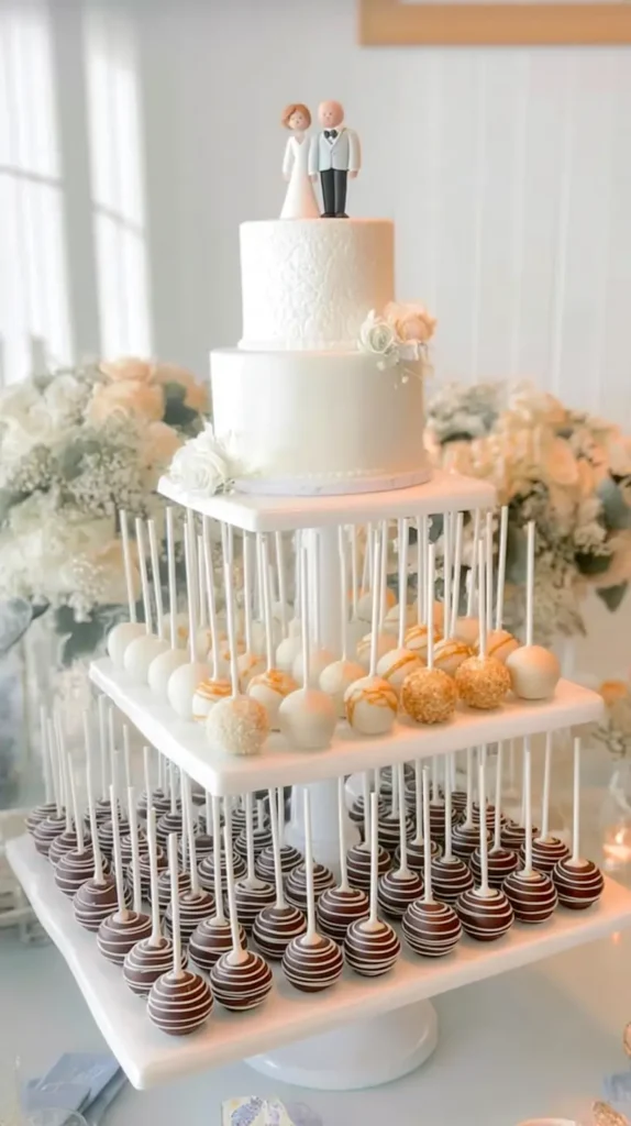 small cake with tiers of cake pops below, bride and groom cake topper