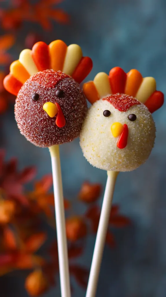 two turkey-designed cake pops on white sticks