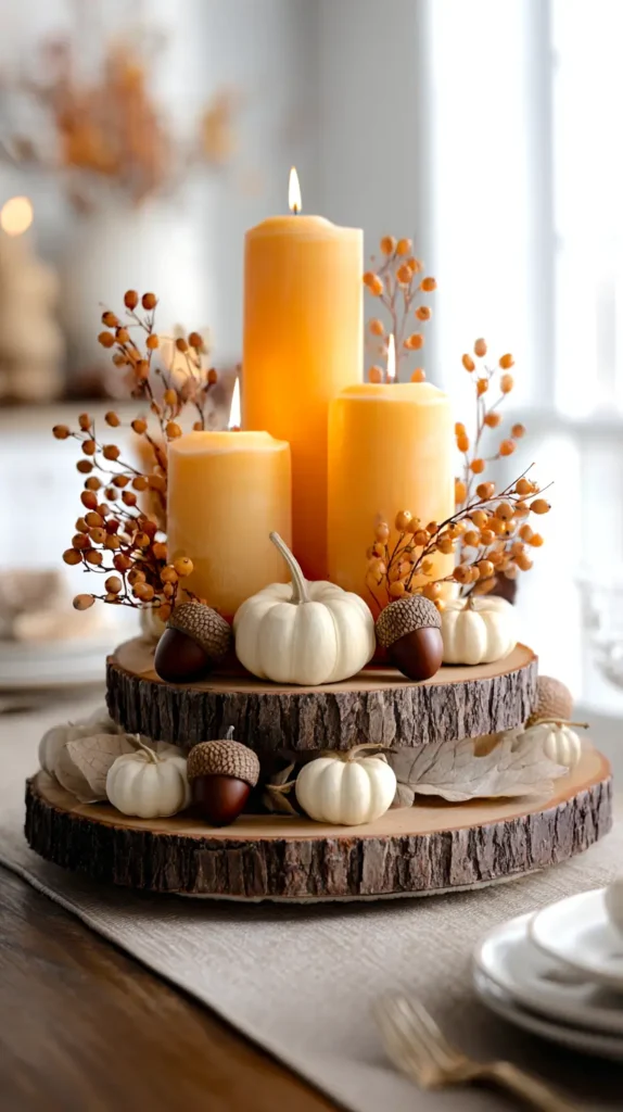 wood rounds, candles, pumpkins, acorns