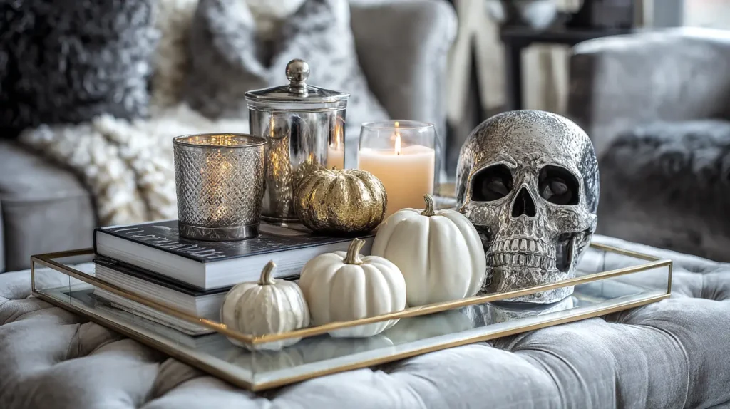 glittery skull, white pumpkins, on a tray