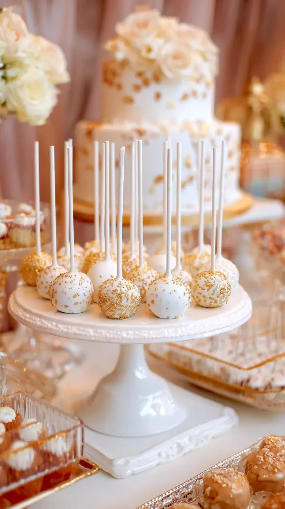 wedding cake pops on a circular raised tray