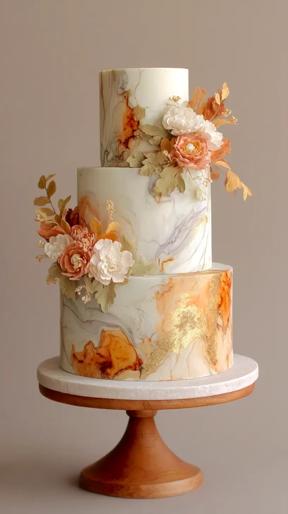 fall wedding cake, marble frosting