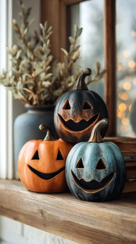 three jack-o-lantern sculptures