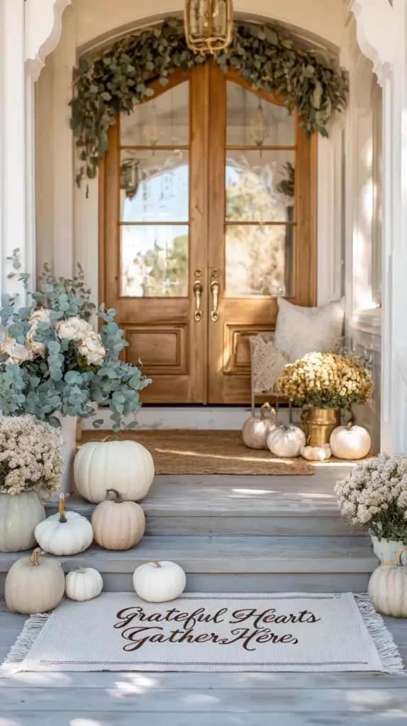 Thanksgiving front porch decor, pumpkins, and flowers