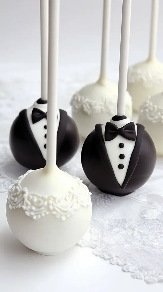 wedding cake pops, bride and groom