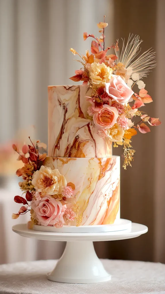 fall wedding cake with autumn colors marbled