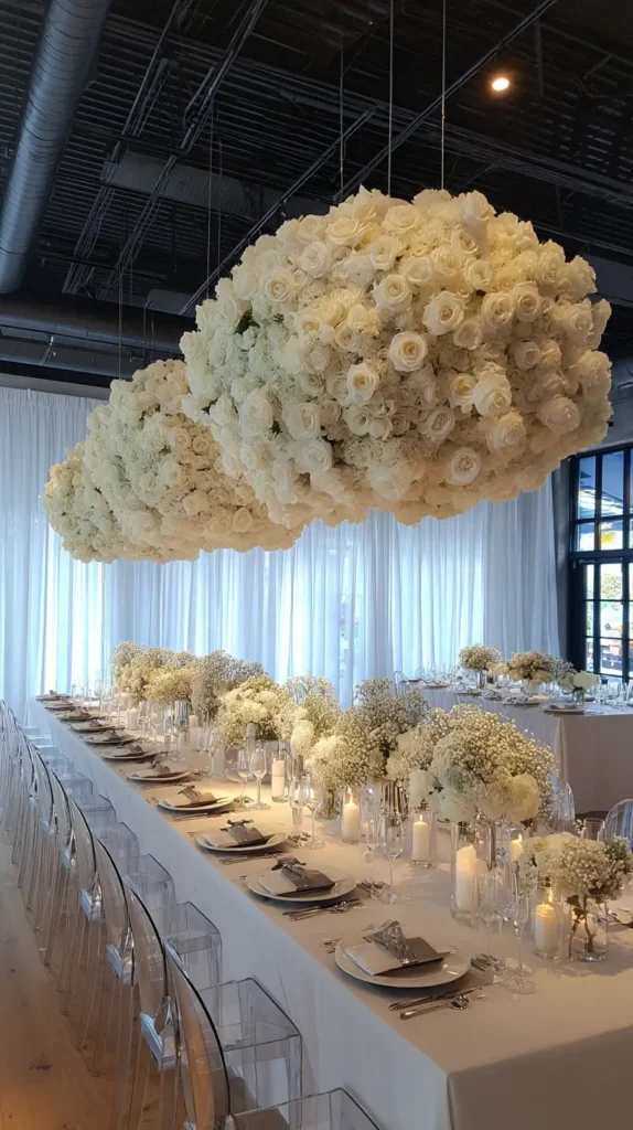 large floral arrangements hanging from the ceiling