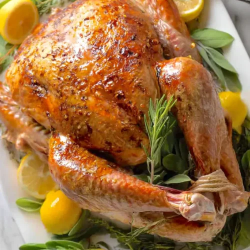 whole roasted turkey, overhead shot, ganishes