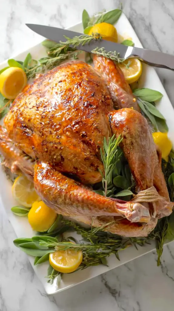 whole roasted turkey, overhead shot, ganishes