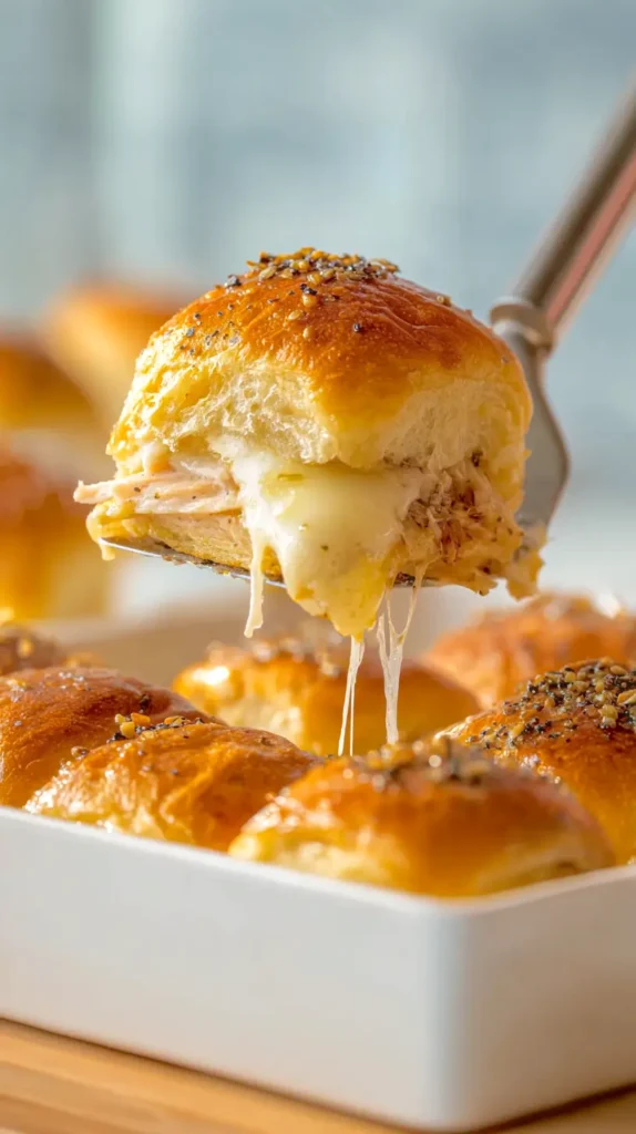 turkey slider being lifted from a white serving dish by a spatula