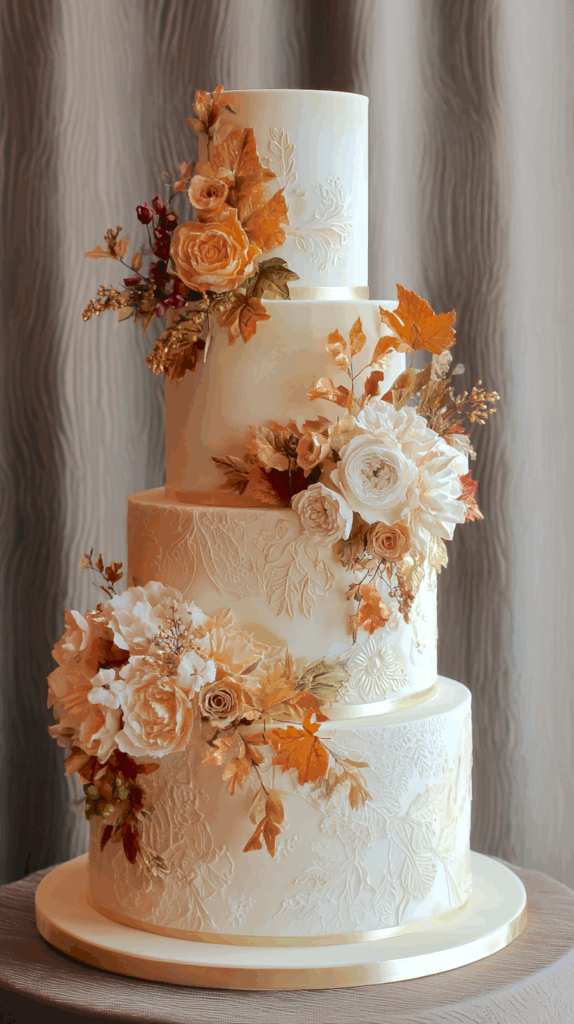 4 tier wedding cake with flowers, autumn