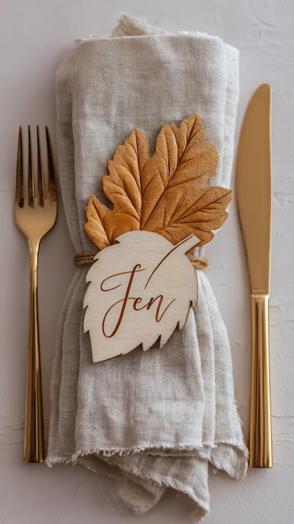 wooden name plate with the name Jen engraved on a wooden leaf