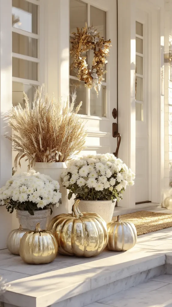 Thanksgiving front porch decor, metallic pumpkins