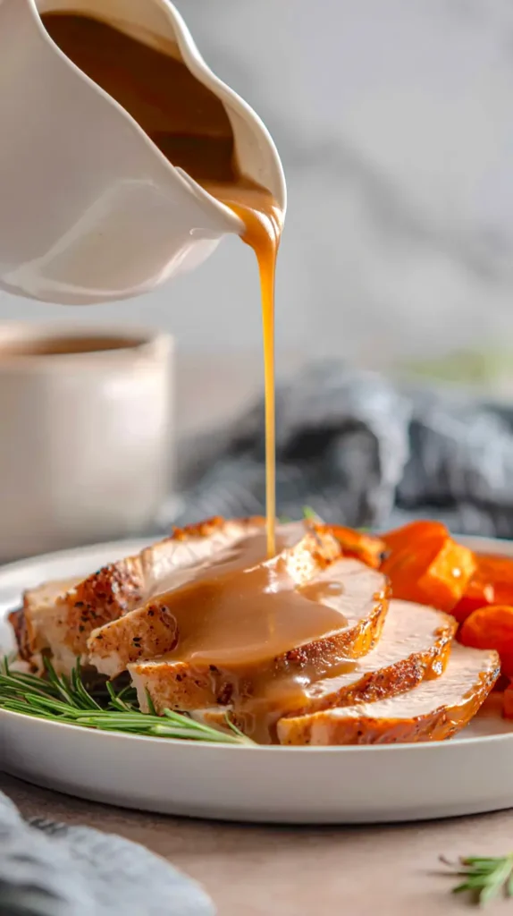 gravy pouring over turkey slices, roast turkey recipess