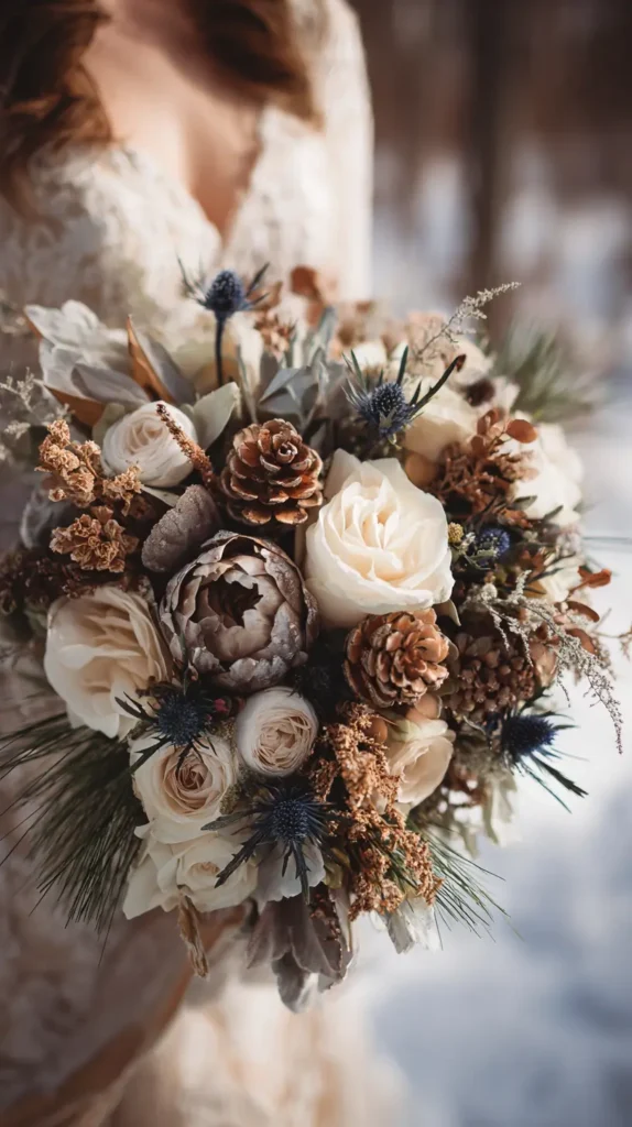 winter wedding flowers, pinecones