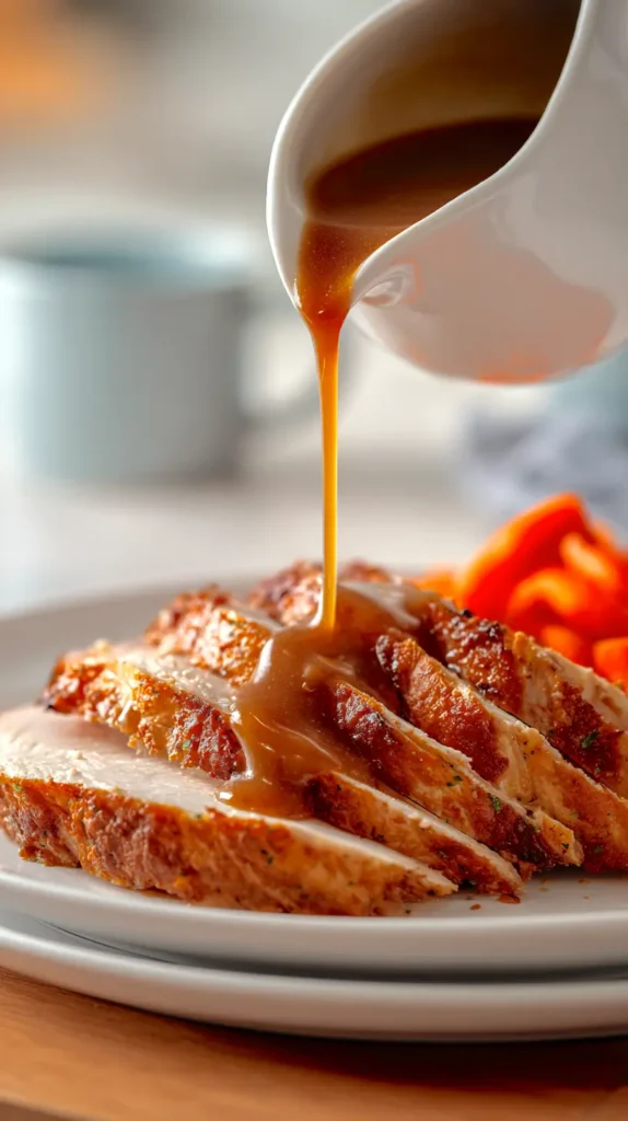 gravy pouring onto turkey slices