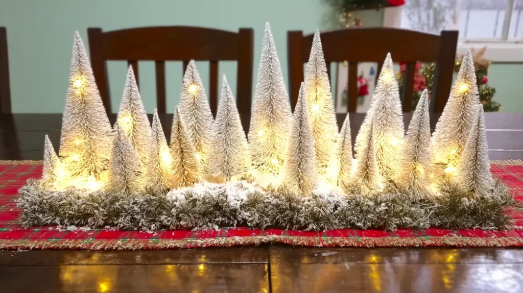 Christmas centerpiece, bottle brush trees with faux white snow