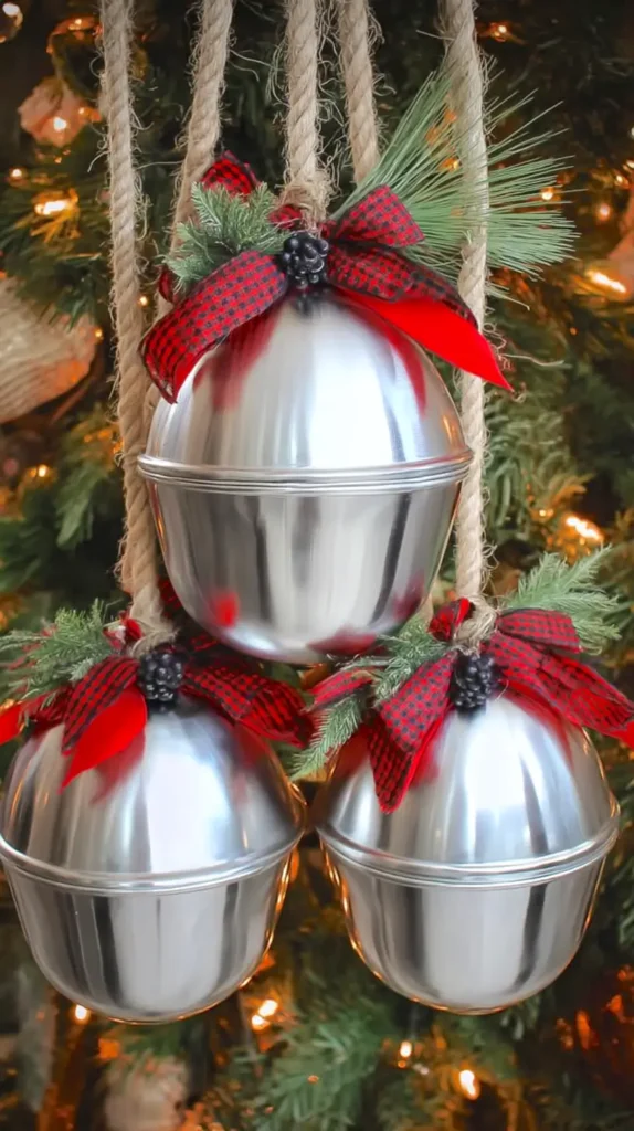 Large handmade Christmas bell ornaments created from silver metal mixing bowls, joined seamlessly, tied with rustic rope, decorated with red fabric bows and tiny pine sprigs, hanging in front of a lit Christmas tree, warm cozy indoor lighting, clean metallic reflections