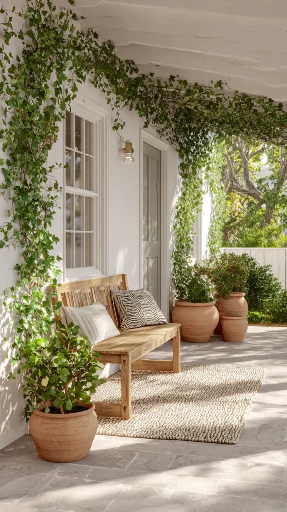 front porch ideas, greenery and vines, white porch, bench, planters