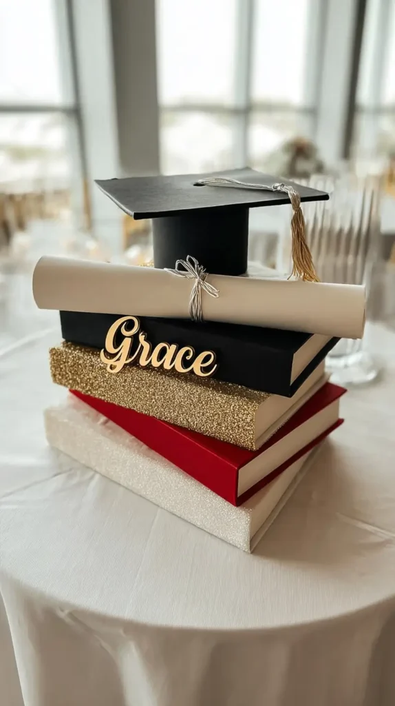 graduation centerpiece ideas, 4 books stacked, cap, name Grace